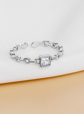 S925银简约小方r糖链条戒指女小众轻奢开口食指环ins潮指戒