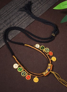 新款藏式手搓棉男女项链绳天珠手绘唐卡五路财神编织X绳复古毛衣