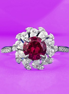 珠宝直播新品S925银镶嵌6.0mm鸽M血红满钻戒指环女时尚通勤