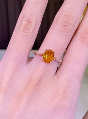 新品轻奢简约鸽子血石榴红v闪钻戒指女士镶嵌金黄锆石指环活口百