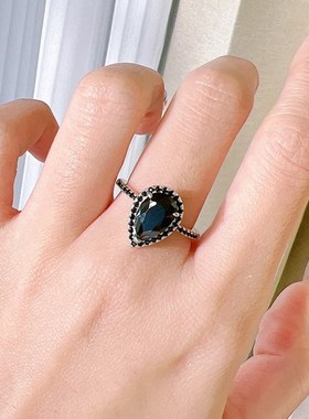 珠宝 欧美新款925银7*11梨形水滴黑锆石戒指X复古简约戒指