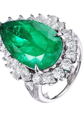 新款c欧美跨境热卖镶嵌微镶水滴梨形合成祖母绿活口订婚戒指