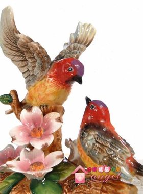 方亚比翼双飞红头山雀鸟陶瓷摆件礼品家饰品动玄关电视柜结婚饰品