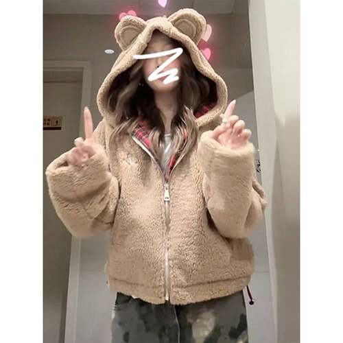 今年流行爆款摇粒绒羊羔毛绒女士4短款秋冬CAW47027季连帽厚套2外 - 图1