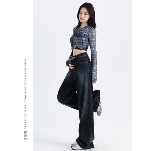 深蓝色A24897渐阔腿牛仔拖裤女秋高季新款腰宽松美式松弛垂感直筒 - 图1