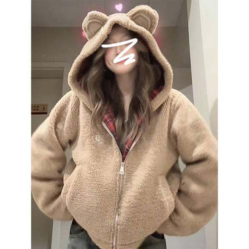 今年流行爆款摇粒绒羊羔毛绒女士4短款秋冬CAW47027季连帽厚套2外 - 图2