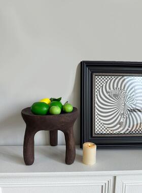 侘寂风实木三脚托盘覆古装饰果盘摆件民宿玄关小茶几家用木凳矮凳