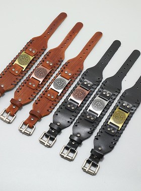 跨境新款饰品北欧l维京海盗牛皮手链复古编织指南针男士皮革手环