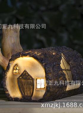 透光房子园林夜灯跨境树桩别墅布置户外花园新款树脂太阳能草坪灯