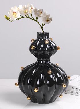 新中式黑色蒙葫芦型花瓶树脂花器摆件现代样板间酒店软装饰品花插