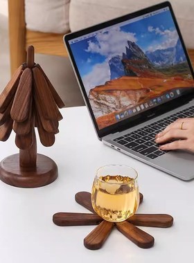 高级感圣诞树隔热垫餐桌摆件创意一棵树实木防烫锅垫折.叠杯垫碗