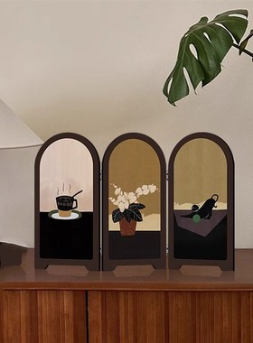 中古风桌面摆件小屏风茶室家居电视边柜高级感玄关装饰画复古摆画