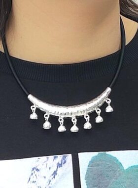 925纯银莲花弯管路路通手工锁骨链黑绳项链 女项圈复古民族风银饰