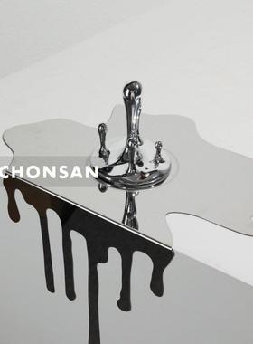 现代简约银色金属流淌水滴托盘摆件客厅电视柜挂件样板房软装饰品