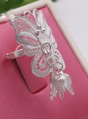 小众设计镂空银色蝴蝶戒指女民族风手工拉丝小鱼铃兰花个性食指戒