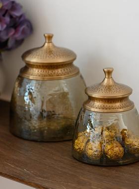 进口欧式高档轻奢金银色铜枝叶玻璃收纳罐摆件样板间客厅卧室装饰