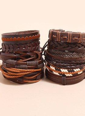 跨境新款饰品简约编织复古牛皮手链diyK组合12件套欧美男女手环