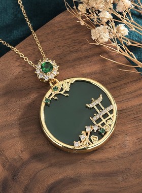 天然冰种玉髓镶i嵌吊坠挂件翡翠色满绿阳绿圆形山水无事牌男女项