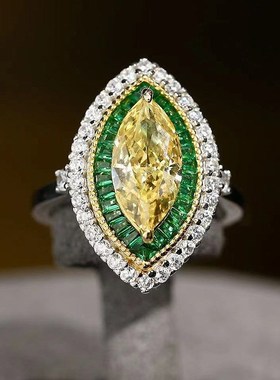 辉之翼珠宝 2023新款925银豪镶6*13Gmm高碳钻黄钻时尚百搭女款戒