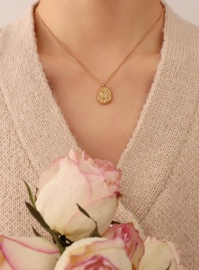 韩式风几何型不规则凹凸质感仿核桃壳吊坠项链 钛钢镀18.K金首饰