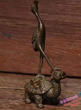 纯铜手工仿古实心紫铜茶宠小物件 龟鹤延年家居日式茶道小摆件