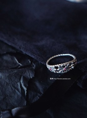 梵树For handmade-u《鸢尾之夜》925银 复古鸢尾花镂空 闭口戒指