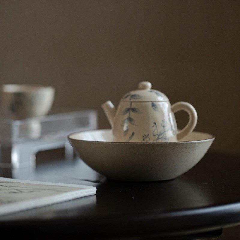 弥言粉引青花纯手绘壶承家用茶壶盖碗蓄水茶盘日式小型干泡盘粗陶,淘宝优惠券,粉丝福利购,淘宝优惠卷