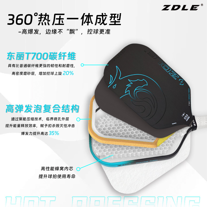 ZDLE飞龙赛事级匹克球球拍热压一体磨砂碳纤维拍板Pikcleball竞技,淘宝优惠券,粉丝福利购,淘宝优惠卷
