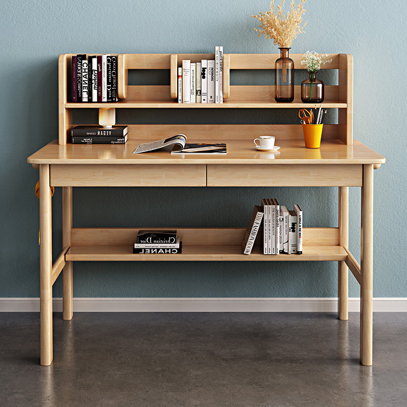 全实木书桌带书架学生家用简约写字台式电脑桌卧室北欧学习写字桌,淘宝优惠券,粉丝福利购,淘宝优惠卷