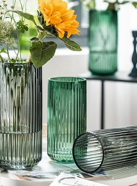 创意加厚玻璃透明花瓶竖条纹x花瓶彩色插花简约花瓶圆柱罗马柱花
