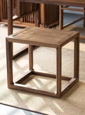 新中式实木方凳黑胡桃木小茶凳换鞋K凳矮凳茶几简约家用皮凳