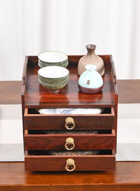 天纵老挝大红酸枝双耳素面三抽茶盒茶叶收纳茶具摆放实木古典收纳