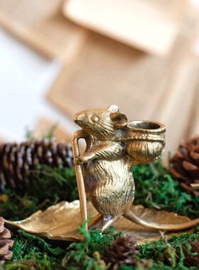 JK慕空间 进口印度黄铜复古做旧铜制小老鼠划船蜡烛烛台桌面摆件
