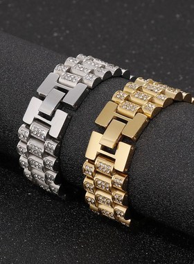 跨境电商新款配饰 欧美个性创意HiCpHop坦克钻镶男士嘻哈钛钢手链