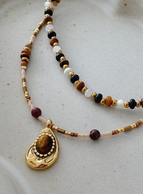 虎眼石串珠项链美拉德高级感秋冬毛衣链H钛钢轻奢复古天然石锁骨