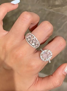 Vintage中古风粉钻微镶锆x石戒轻奢满钻璀璨精工复古奢华叠戴指环