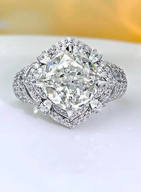 珠宝 2023新款925银10*10mm白GM色高碳钻欧美风时尚百搭戒指