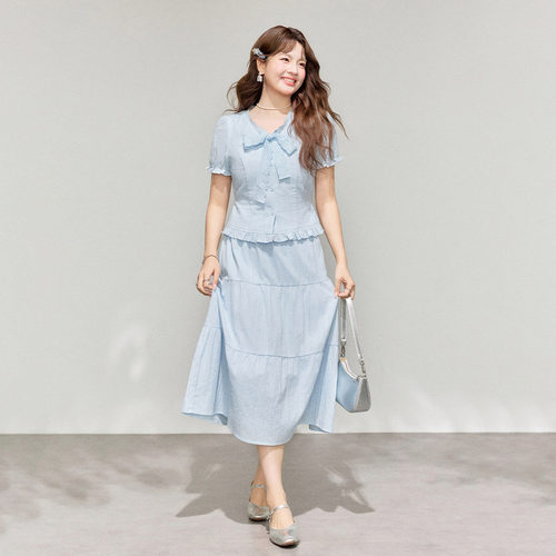 IEF/爱依服【微胖】大码女套装2026夏新款气质短袖T恤蛋糕裙长裙 - 图0