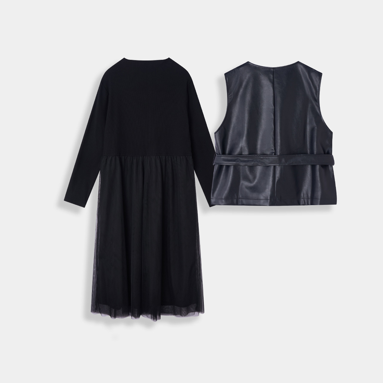 IEF/爱依服【大码女装】套装2025秋新款亮面皮衣马甲连衣裙两件套 - 图0