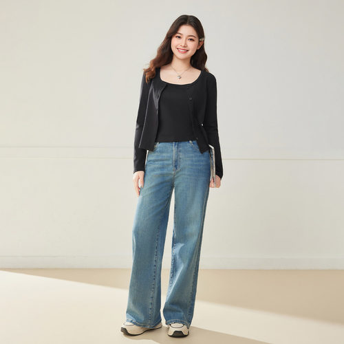 IEF/爱依服【微胖】大码女装2025秋季新款韩版简约纯色两件套上衣 - 图1