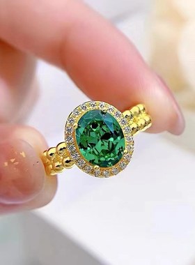 辉之翼珠宝 f2023新款S925银时尚百搭仿真祖母绿切割2克拉钻戒指