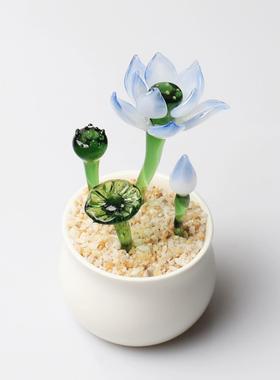 淄博琉璃荷花盆栽玻璃桌面治愈情绪小摆件家居饰品创意生日礼物