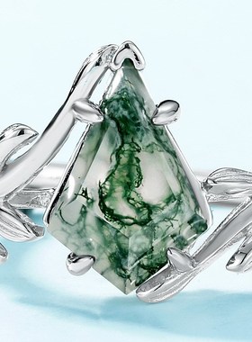 跨境新款橄榄枝天然绿苔藓石戒指S925银J镶水草玛瑙几何食指戒欧