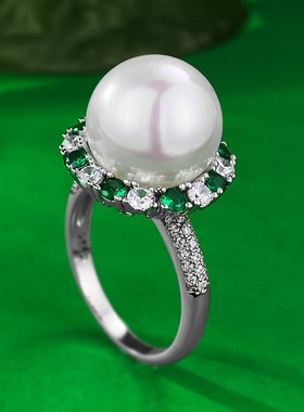 珠宝 2023新款925银欧美款贝I珠戒指镶嵌绿锆时尚百搭简约款