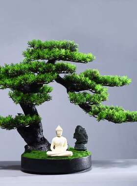 创意仿真迎客松盆景客厅桌面绿植盆栽玄关电视柜假花植物崖柏摆件