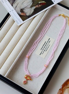 新中式轻奢粉色天然石滴油葫芦毛衣链F女高级感长款设计感叠戴项