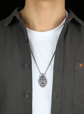 拜占庭王冠狮子吊坠男士嘻哈项链inFs动物项链朋克饰品不锈钢链条