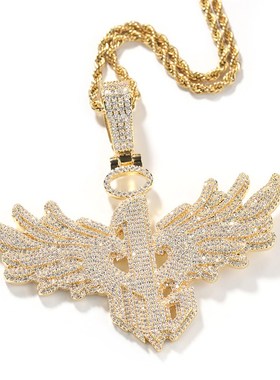 古萌嘻哈新款数字1大翅s膀吊坠男个性炫酷铜镶锆石时尚街头项链潮