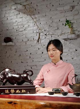 黑檀实木质雕刻牛摆件十二生肖牛气冲天吉祥物红木家居装饰工艺品