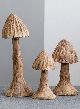 创意实木蘑菇落地摆件样板房客厅玄关软装饰酒店大堂售楼处艺术品
